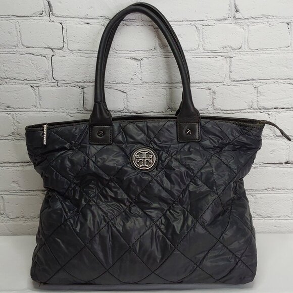 TORY BURCH TOTE BAG LEATHER & NYLON NAVY BLUE DOUBLE SHOULDER STRAPS - Picture 14 of 14